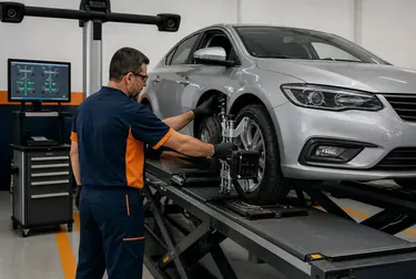 Equipamento de ajuste alinhando rodas de um carro.