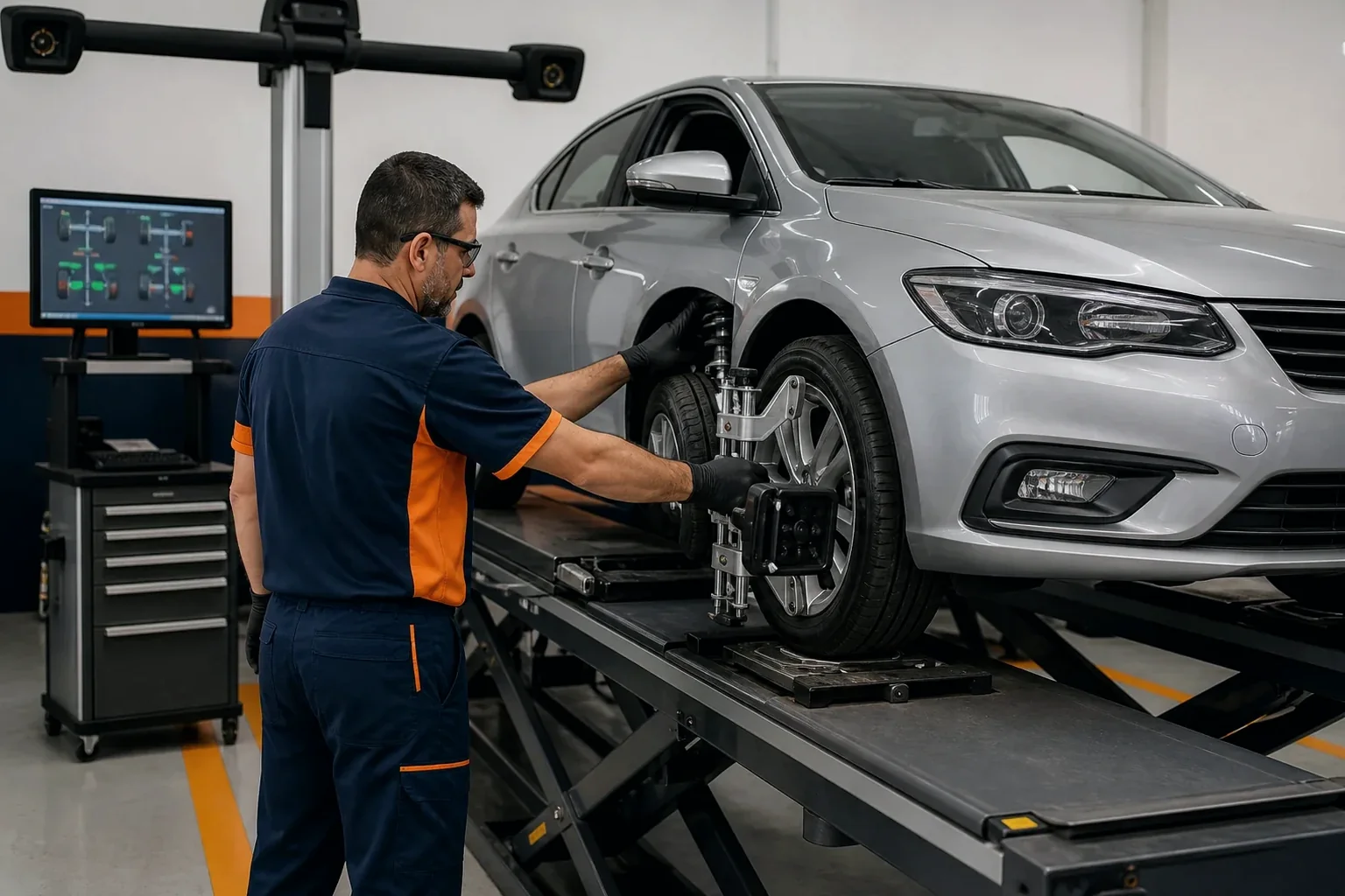 Equipamento de ajuste alinhando rodas de um carro.