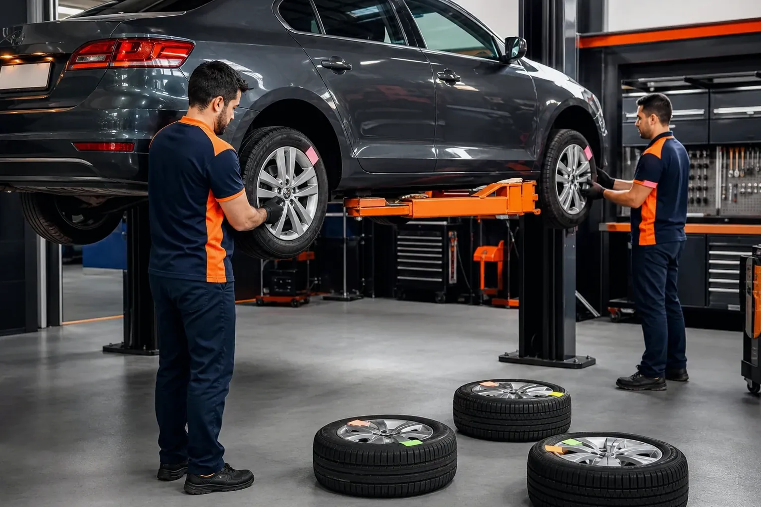 Profissional ajustando a posição dos pneus de um carro.