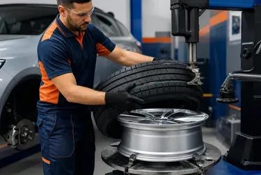Profissional realizando a troca de pneus de um veículo.