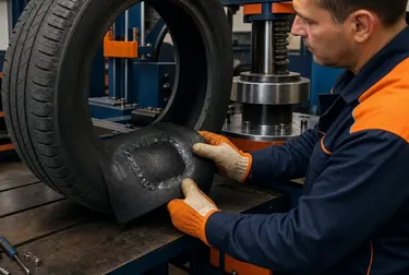 Técnico aplicando vulcanização em um pneu danificado.